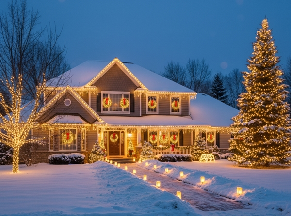 Roofline Christmas lights on a home in Tampa, FL
