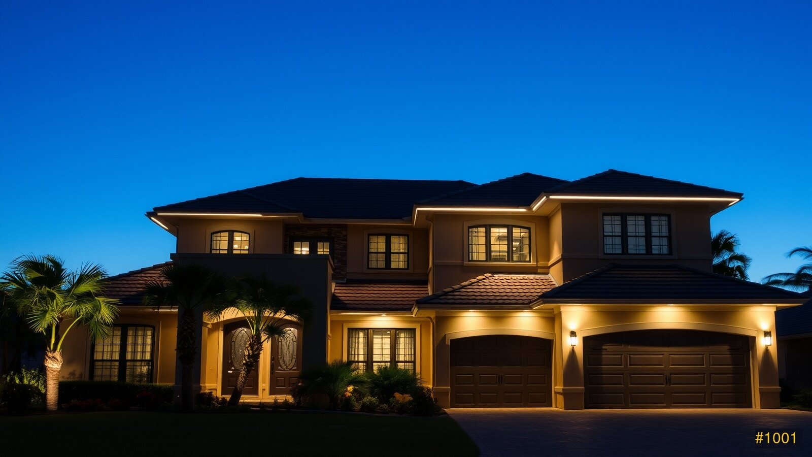 Permanent LED roofline lighting on an upscale home at dusk