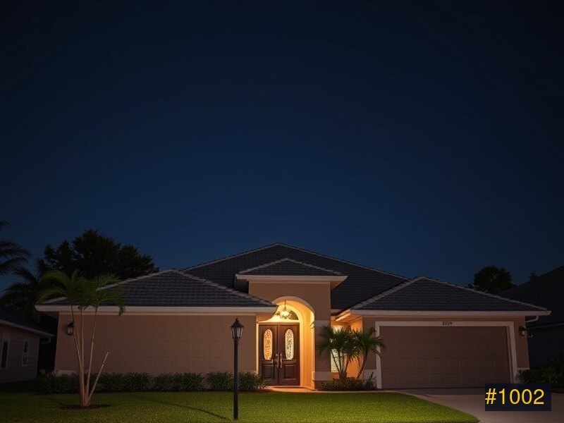 Suburban home in daylight before permanent lighting