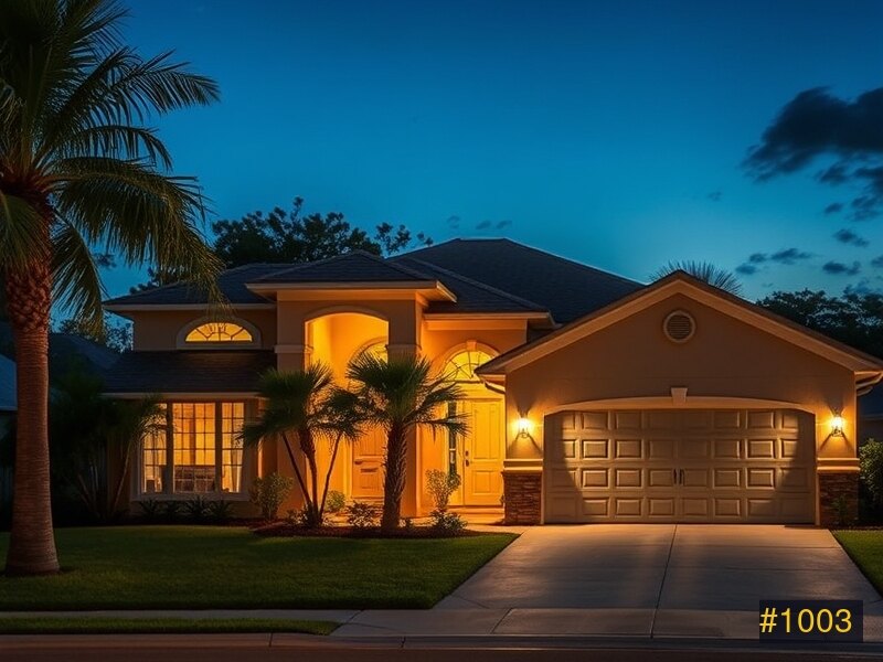 Same home at night with permanent warm-white roofline lights