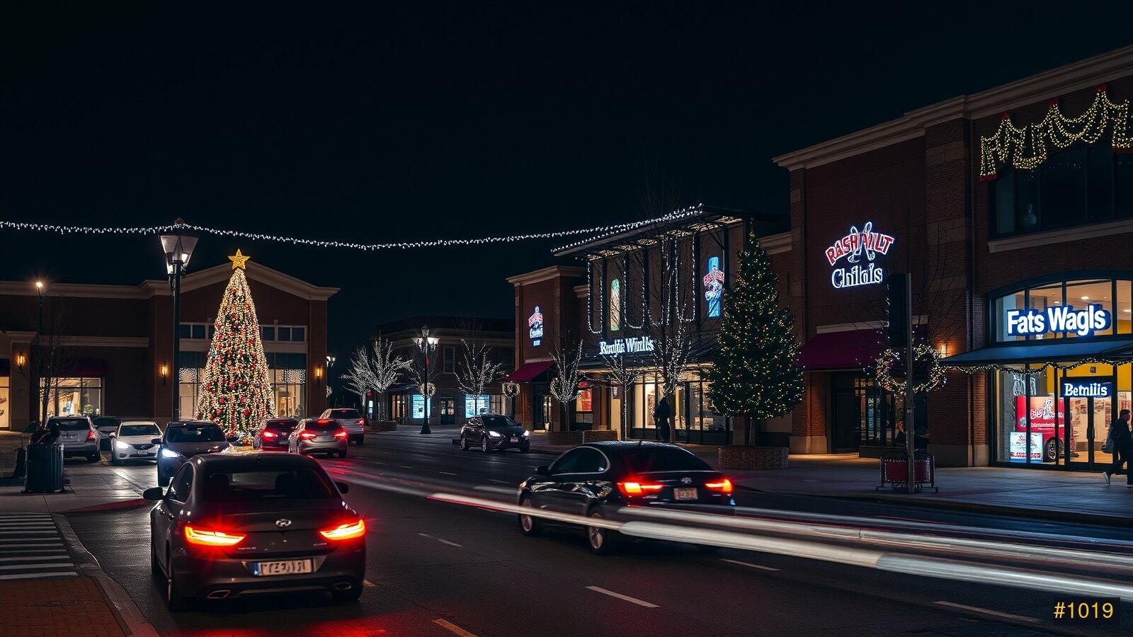 A commercial plaza decorated with Christmas lights at night